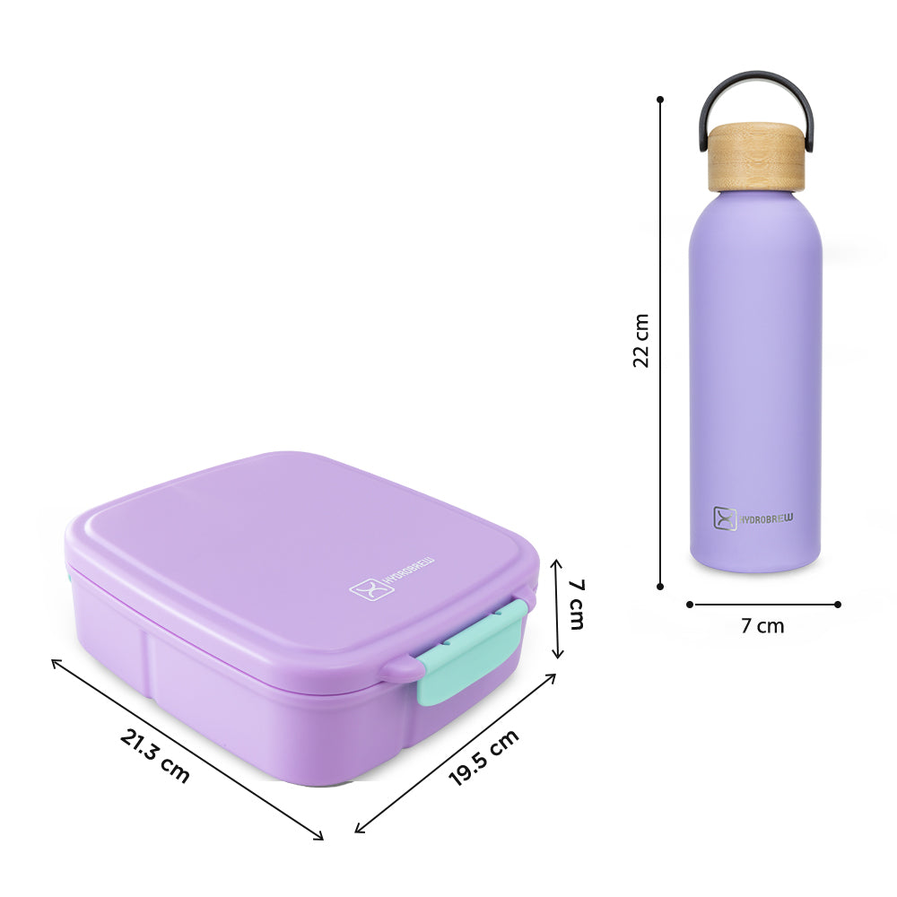 Hydrobrew Mega Flex Bento Lunch Box 1864ml with Insulated Food Jar & Double Wall Stainless Steel Water Bottle 500ml –  Purple