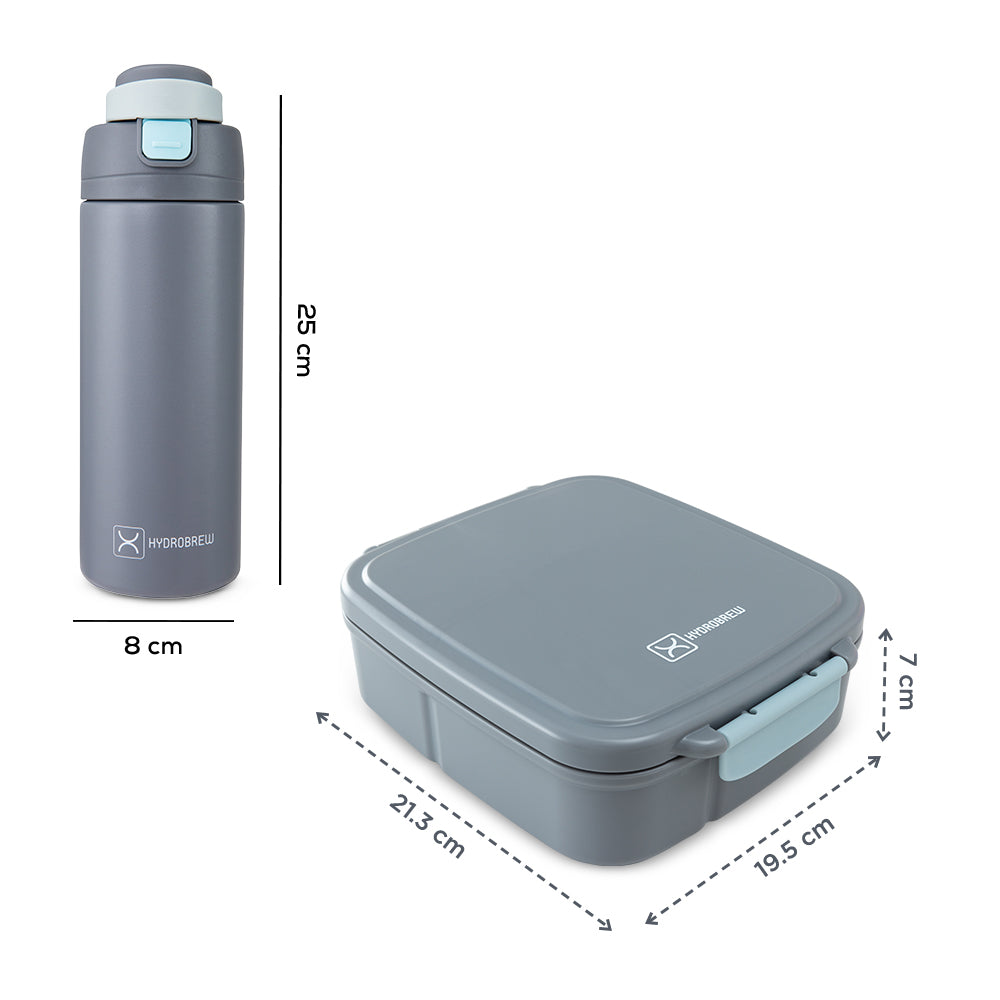 Hydrobrew Mega Flex Bento Lunch Box 1864ml w/ SipSwitch Insulated Water Bottle 720ml | Leakproof Meal Box w/ Steel Jar ‚Äì Graphite