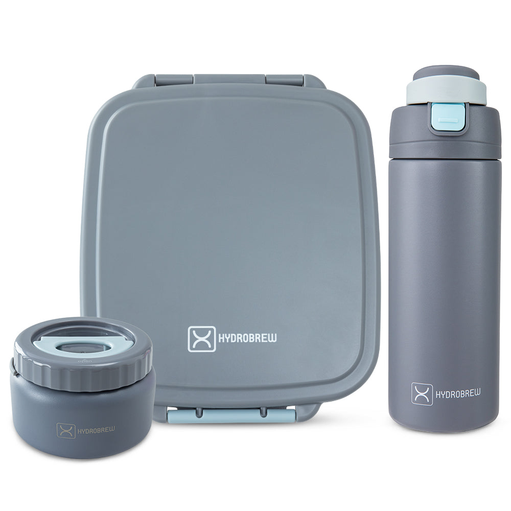 Hydrobrew Mega Flex Bento Lunch Box 1864ml w/ SipSwitch Insulated Water Bottle 720ml | Leakproof Meal Box w/ Steel Jar ‚Äì Graphite