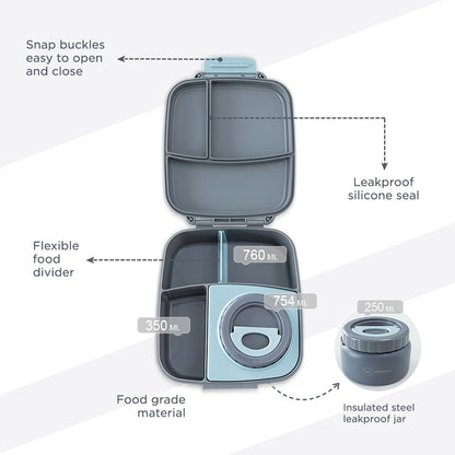 Hydrobrew Mega Flex Bento Lunch Box 1864ml w/ SipSwitch Insulated Water Bottle 720ml | Leakproof Meal Box w/ Steel Jar ‚Äì Graphite