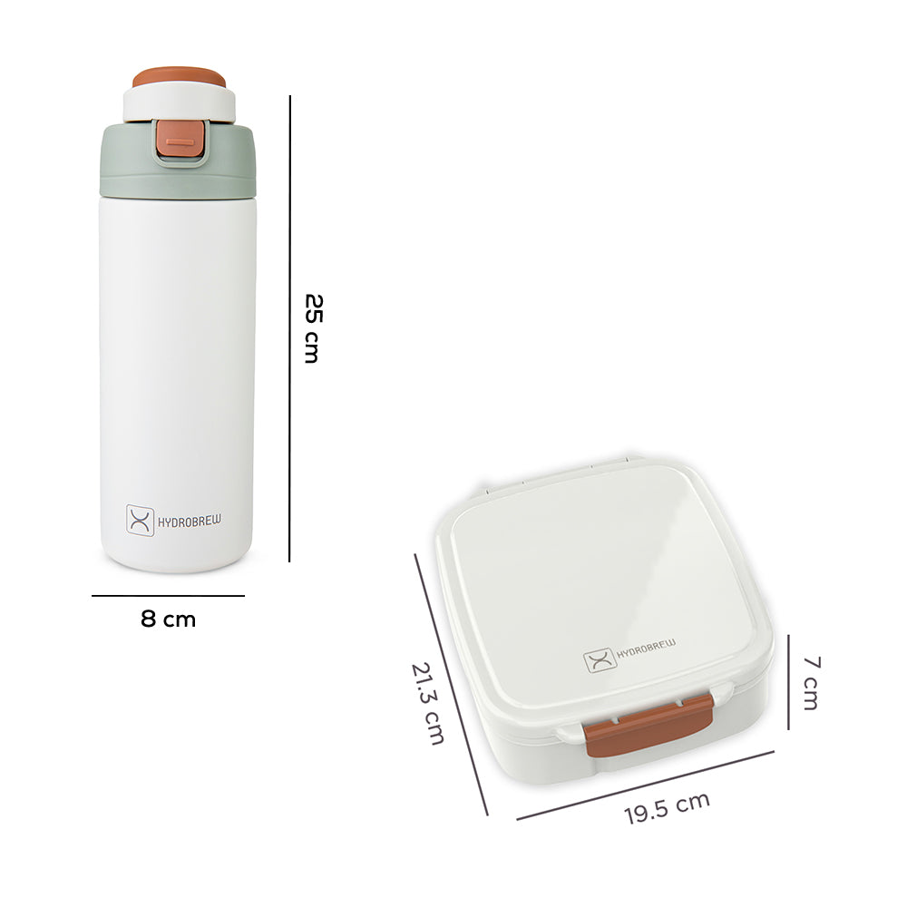 Hydrobrew Mega Flex Bento Lunch Box 1864ml w/ SipSwitch Insulated Water Bottle 720ml | Leakproof Meal Box w/ Steel Jar – Ivory Terracotta