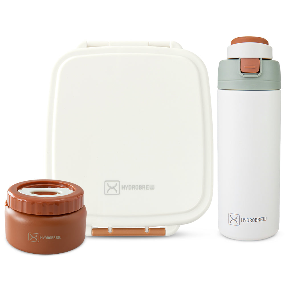 Hydrobrew Mega Flex Bento Lunch Box 1864ml w/ SipSwitch Insulated Water Bottle 720ml | Leakproof Meal Box w/ Steel Jar ‚Äì Ivory Terracotta