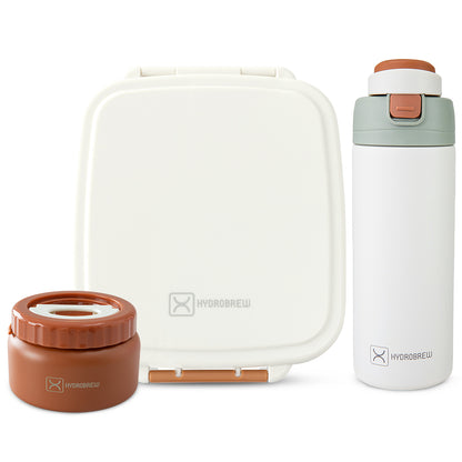 Hydrobrew Mega Flex Bento Lunch Box 1864ml w/ SipSwitch Insulated Water Bottle 720ml | Leakproof Meal Box w/ Steel Jar ‚Äì Ivory Terracotta