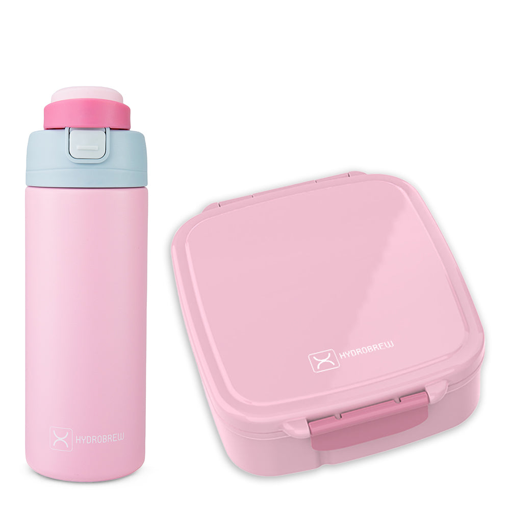 Hydrobrew Mega Flex Bento Lunch Box 1864ml w/ SipSwitch Insulated Water Bottle 720ml | Leakproof Meal Box w/ Steel Jar – Rose Silk