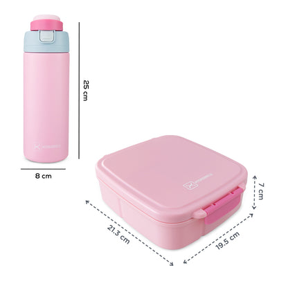 Hydrobrew Mega Flex Bento Lunch Box 1864ml w/ SipSwitch Insulated Water Bottle 720ml | Leakproof Meal Box w/ Steel Jar ‚Äì Rose Silk