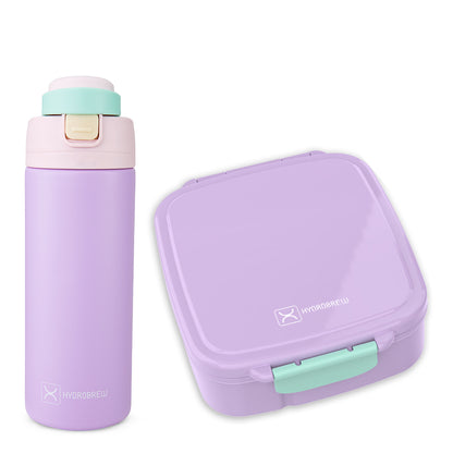 Hydrobrew Mega Flex Bento Lunch Box 1864ml w/ SipSwitch Insulated Water Bottle 720ml | Leakproof Meal Box w/ Steel Jar – Orchid Mist