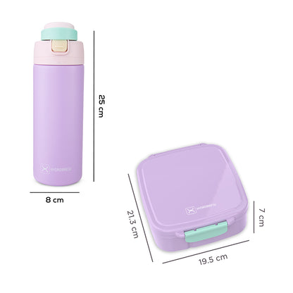 Hydrobrew Mega Flex Bento Lunch Box 1864ml w/ SipSwitch Insulated Water Bottle 720ml | Leakproof Meal Box w/ Steel Jar – Orchid Mist