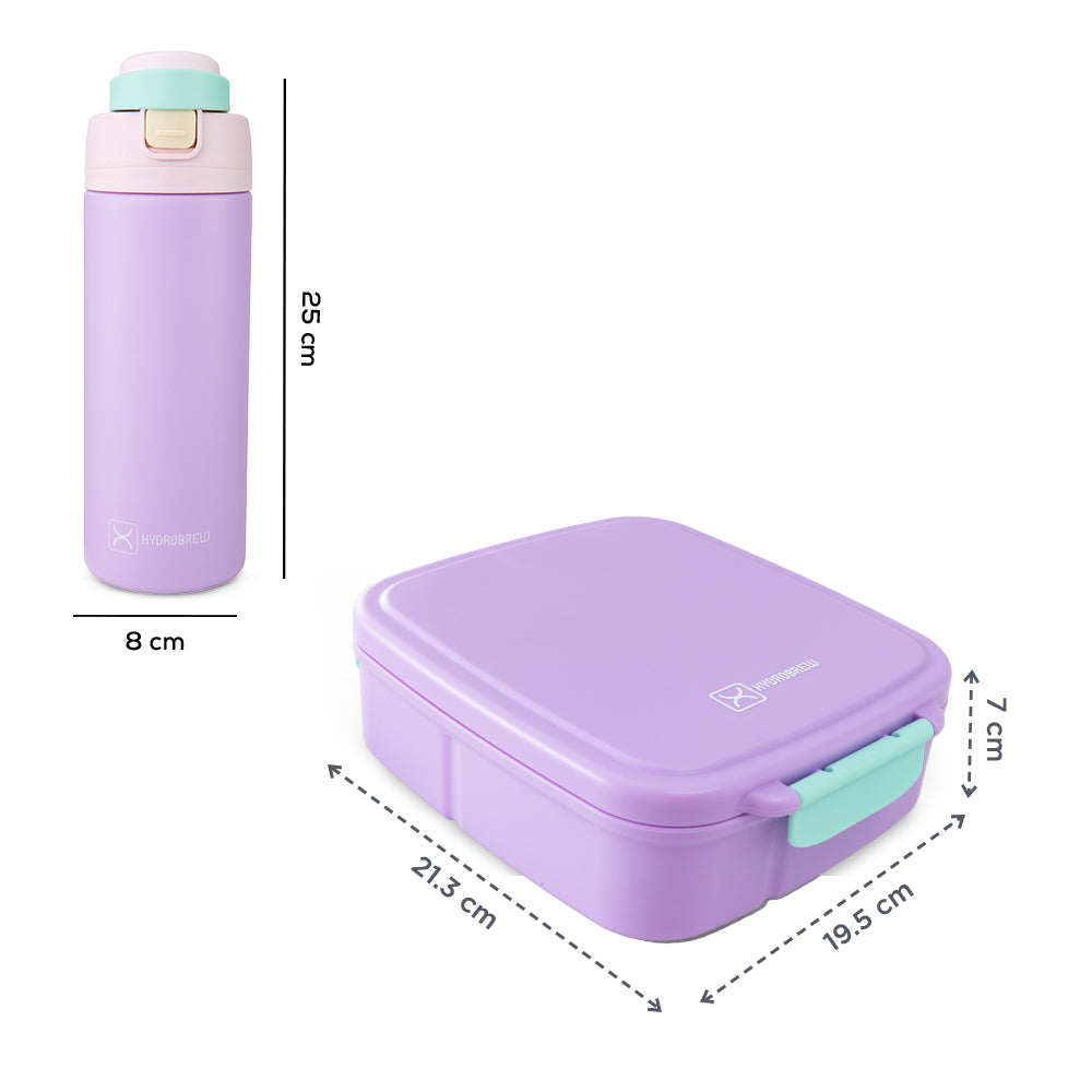 Hydrobrew Mega Flex Bento Lunch Box 1864ml w/ SipSwitch Insulated Water Bottle 720ml | Leakproof Meal Box w/ Steel Jar ‚Äì Orchid Mist