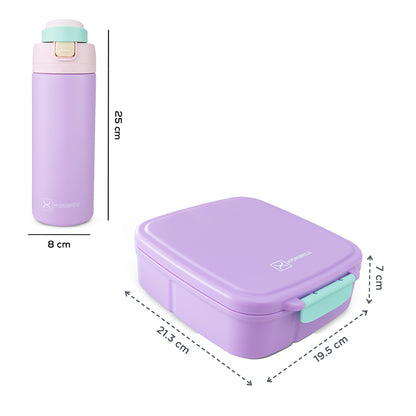 Hydrobrew Mega Flex Bento Lunch Box 1864ml w/ SipSwitch Insulated Water Bottle 720ml | Leakproof Meal Box w/ Steel Jar ‚Äì Orchid Mist