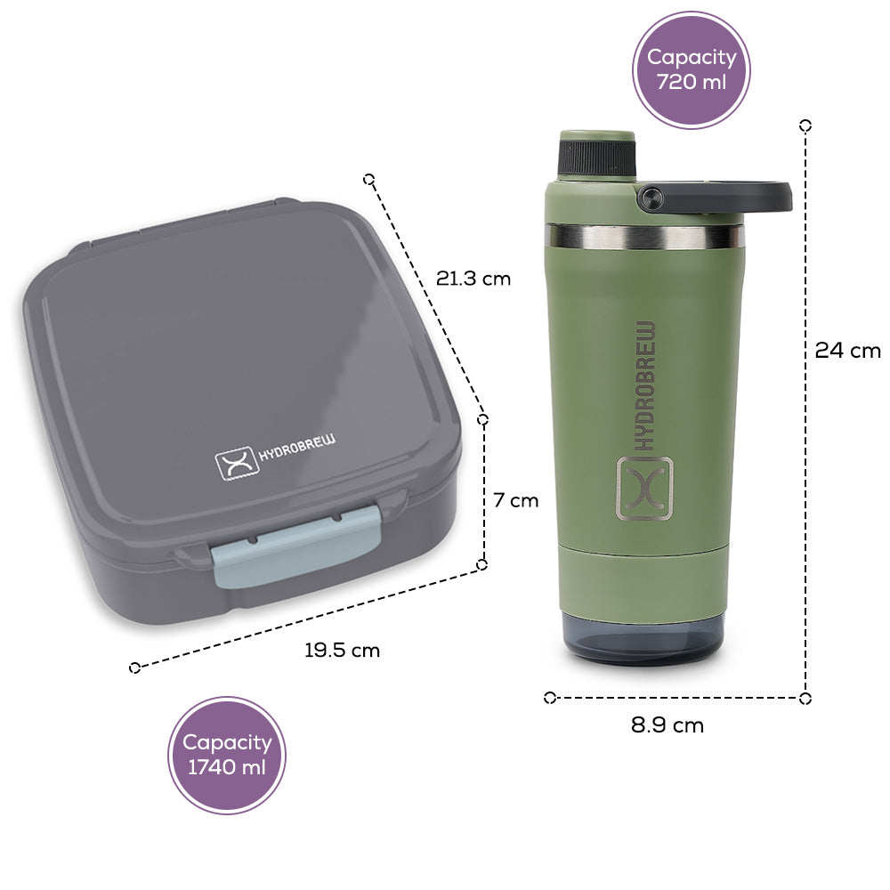 Hydrobrew Mega Flex Bento Lunch Box 1864ml w/ Sip Core Stainless Steel Bottle 720ml | Leakproof Meal Box w/ Steel Jar – Graphite