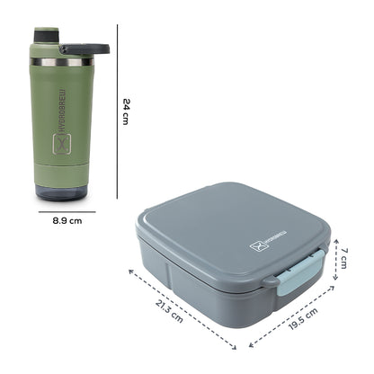 Hydrobrew Mega Flex Bento Lunch Box 1864ml w/ Sip Core Stainless Steel Bottle 720ml | Leakproof Meal Box w/ Steel Jar ‚Äì Graphite