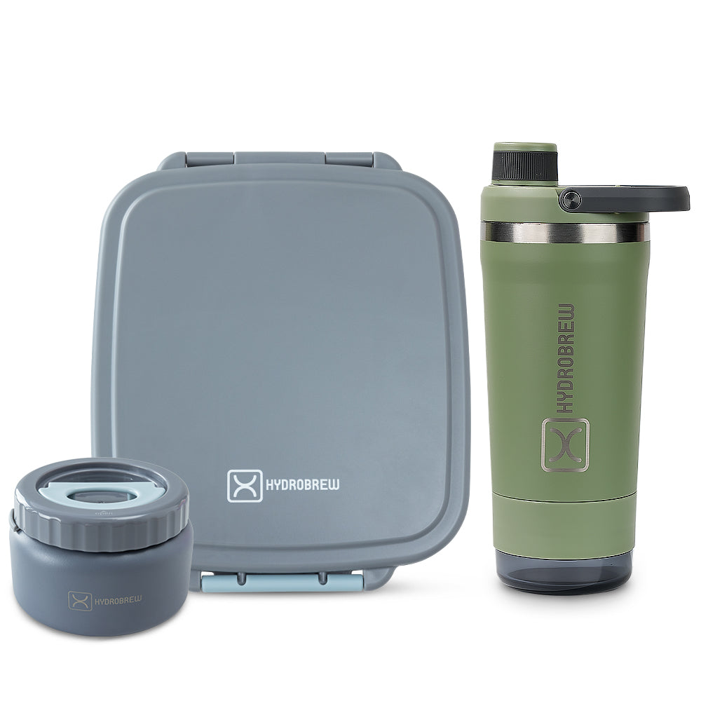 Hydrobrew Mega Flex Bento Lunch Box 1864ml w/ Sip Core Stainless Steel Bottle 720ml | Leakproof Meal Box w/ Steel Jar ‚Äì Graphite