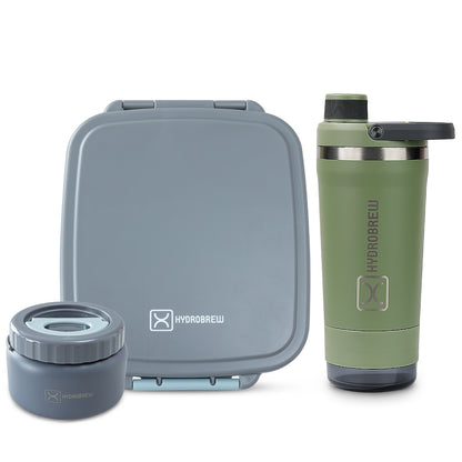 Hydrobrew Mega Flex Bento Lunch Box 1864ml w/ Sip Core Stainless Steel Bottle 720ml | Leakproof Meal Box w/ Steel Jar ‚Äì Graphite