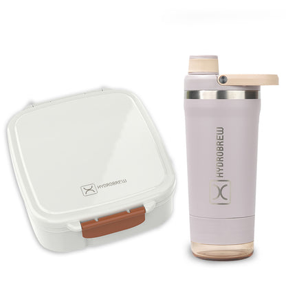 Hydrobrew Mega Flex Bento Lunch Box 1864ml w/ Sip Core Stainless Steel Bottle 720ml | Leakproof Meal Box w/ Steel Jar – Ivory Terracotta