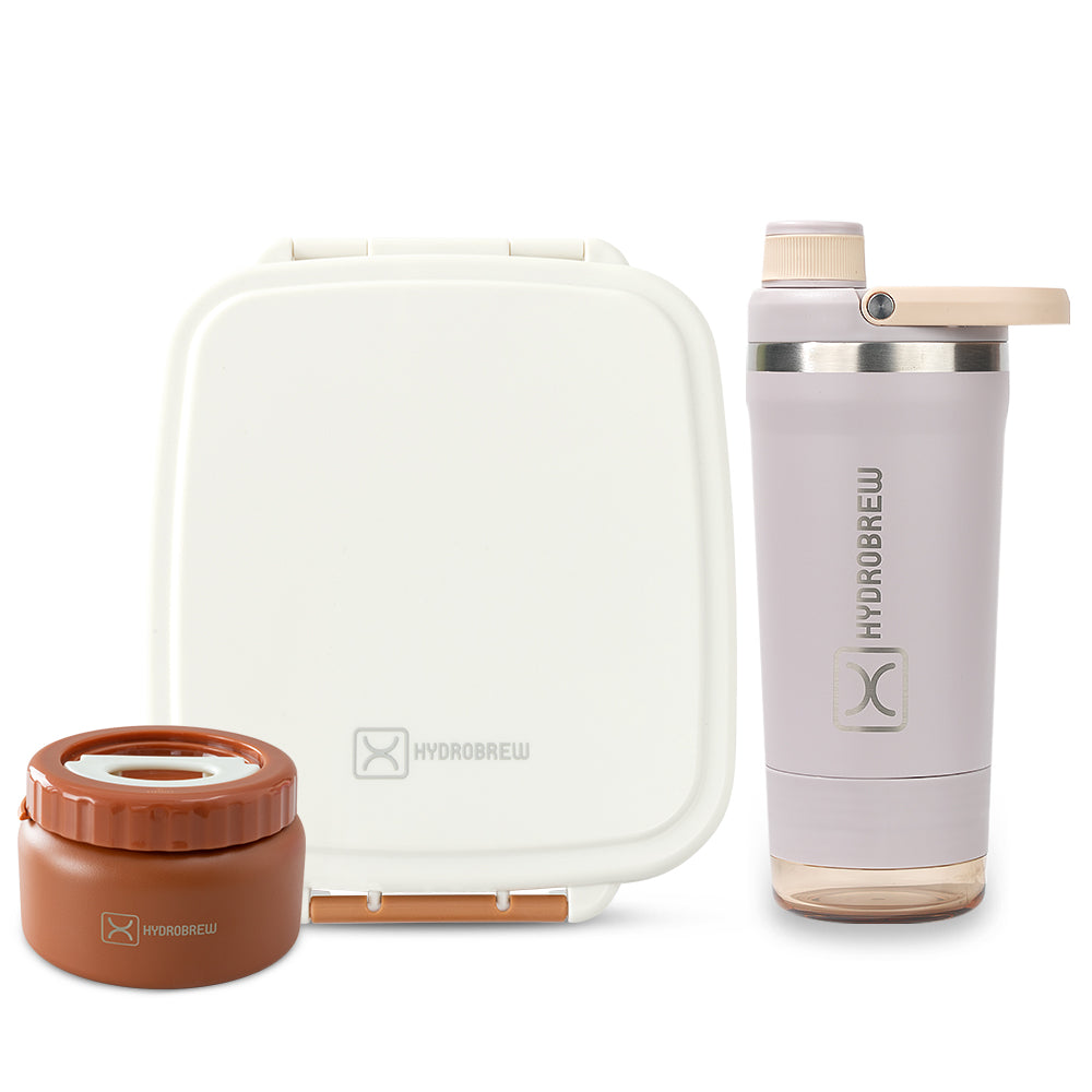 Hydrobrew Mega Flex Bento Lunch Box 1864ml w/ Sip Core Stainless Steel Bottle 720ml | Leakproof Meal Box w/ Steel Jar ‚Äì Ivory Terracotta