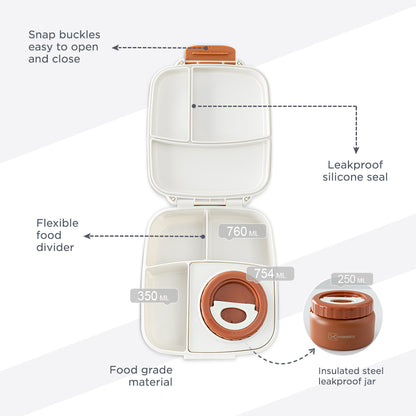 Hydrobrew Mega Flex Bento Lunch Box 1864ml w/ Sip Core Stainless Steel Bottle 720ml | Leakproof Meal Box w/ Steel Jar ‚Äì Ivory Terracotta