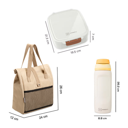Hydrobrew Mega Flex Bento Lunch Box 1864ml w/ Lunch Bag & Bottle – Leakproof Set Ivory Terracotta