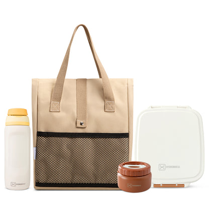 Hydrobrew Mega Flex Bento Lunch Box 1864ml w/ Lunch Bag & Bottle ‚Äì Leakproof Set Ivory Terracotta