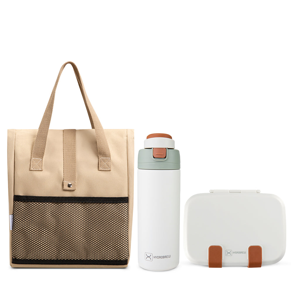 Hydrobrew Mega Flex Bento Lunch Box 1864ml w/ Lunch Bag & 720ml Bottle | Leakproof Meal Set ‚Äì Ivory Terracotta