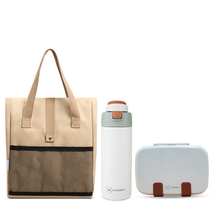 Hydrobrew Steel Core Bento Lunch Box 839ml w/ Lunch Bag & Bottle – Leakproof Set Ivory Terracotta