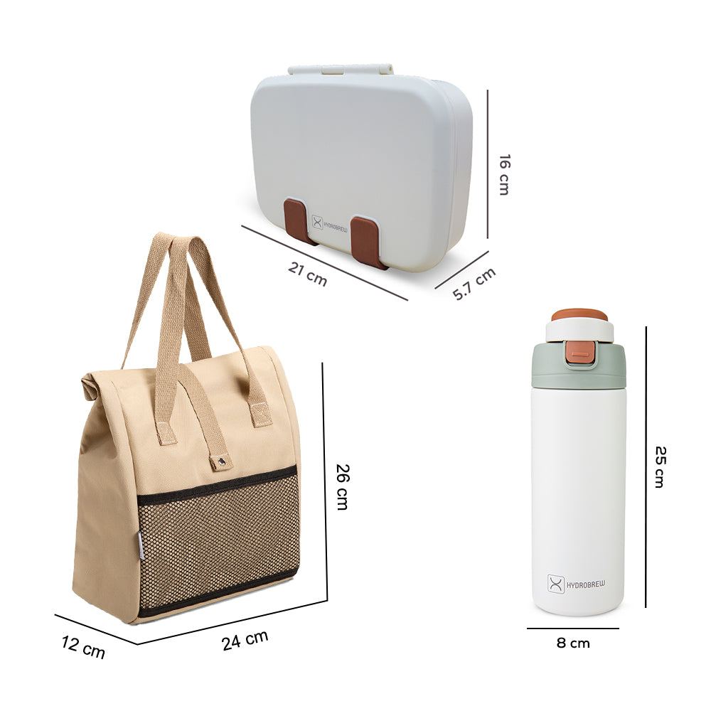 Hydrobrew Steel Core Bento Lunch Box 839ml w/ Lunch Bag & Bottle – Leakproof Set Ivory Terracotta
