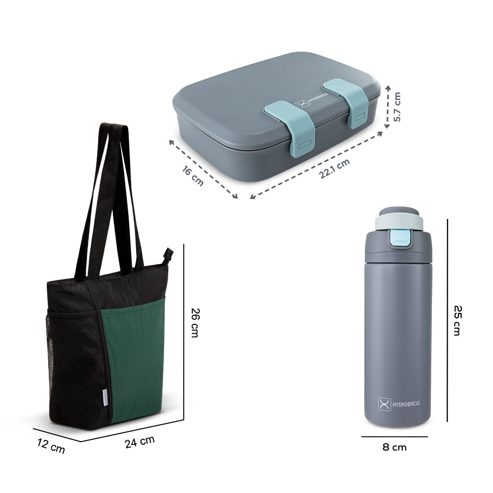 Hydrobrew Steel Core Bento Lunch Box 839ml w/ Lunch Bag & Bottle ‚Äì Leakproof Meal Set Graphite
