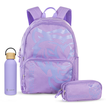 Hydrobrew 18inch Backpack & Double Wall Stainless Steel Water Bottle 500ml – Purple