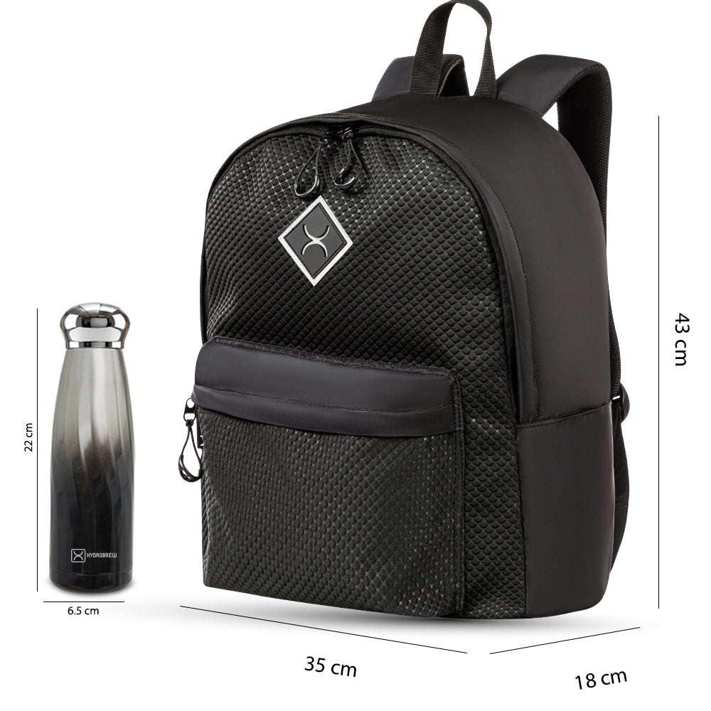 Hydrobrew 17inch Backpack w/ Double Wall Stainless Steel Water Bottle 420ml – Black