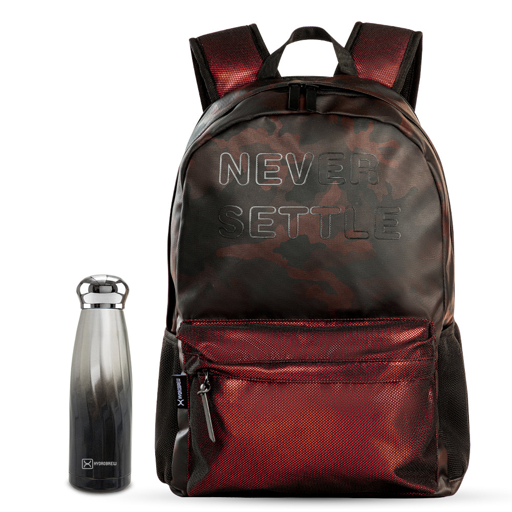 Hydrobrew 18inch Backpack w/ Double Wall Stainless Steel Water Bottle 420ml – Brown & Graphite Glow