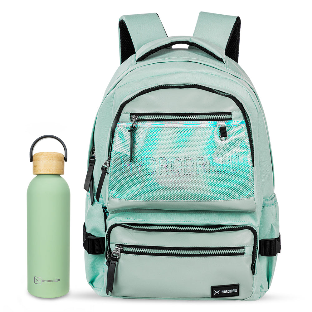 Hydrobrew 18inch Backpack & Double Wall Stainless Steel Water Bottle 500ml – Olive Green