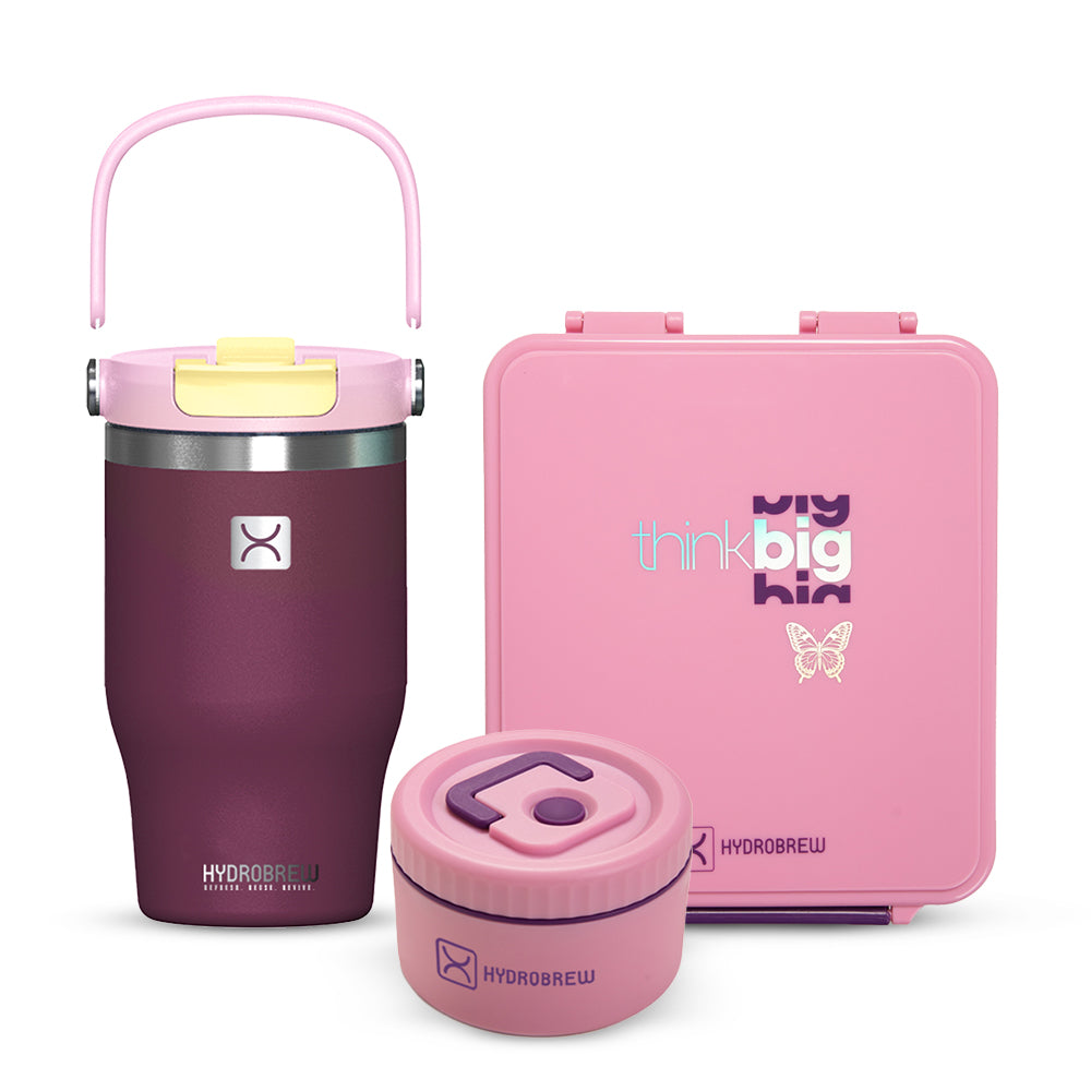HYDROBREW Bento Lunch Box w/ Steel Water Bottle & Food Jar - Think Big Blush