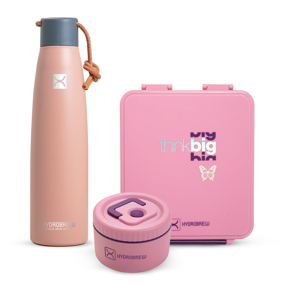 HYDROBREW Bento Lunch Box w/ Steel Water Bottle & Food Jar - Think Big Blush