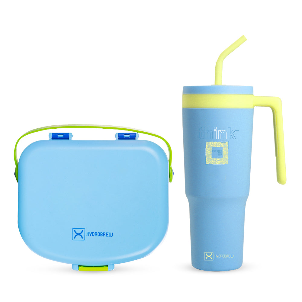 HYDROBREW 4 Compartment Bento Lunch Box w/ Steel Water Tumbler Bottle & Spoon & Fork Set - Cobalt