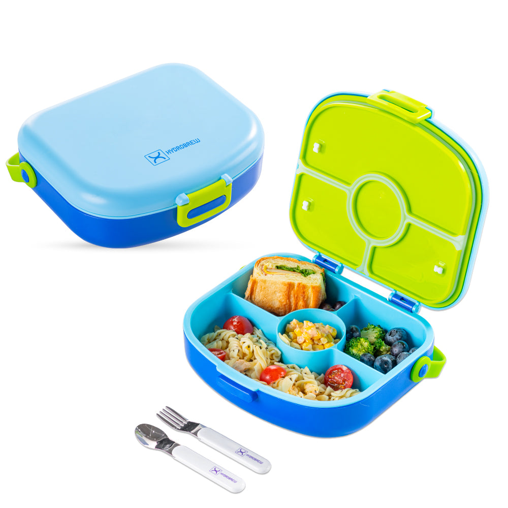 HYDROBREW 4 Compartment Bento Lunch Box w/ Steel Water Tumbler Bottle & Spoon & Fork Set - Cobalt