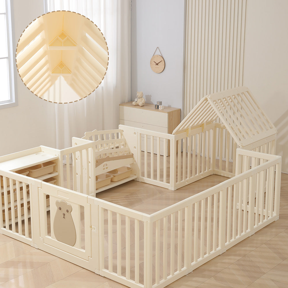 ليتل ستوري - حظيرة لعب محمولة مع رف كتب، وتخزين ألعاب، وبيت لعب - أبيض