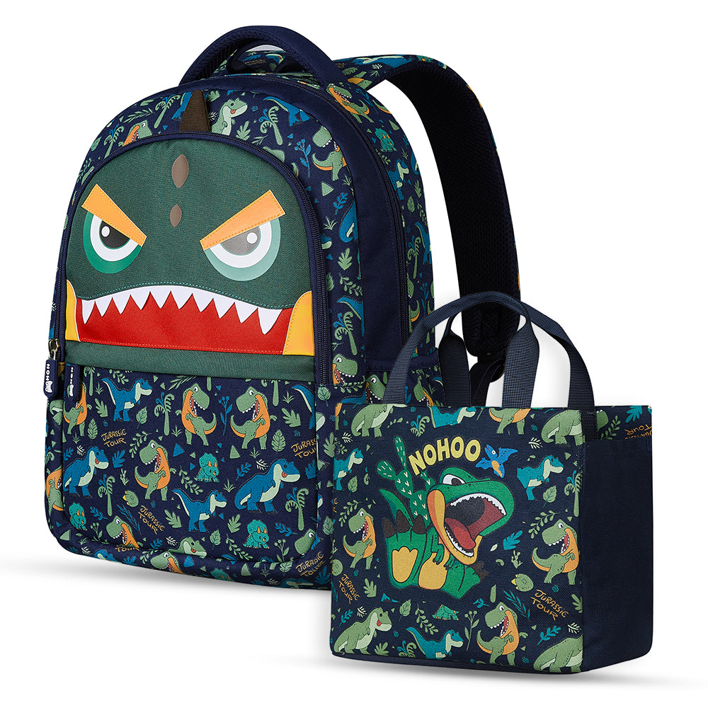 NOHOO Kids 16 Inch School Bag with Handbag Combo Dino - Green