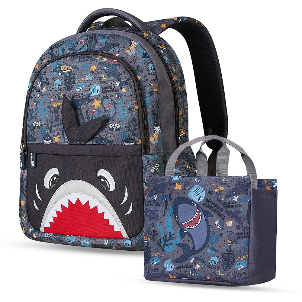 NOHOO Kids 16 Inch School Bag with Handbag Combo Shark - Grey