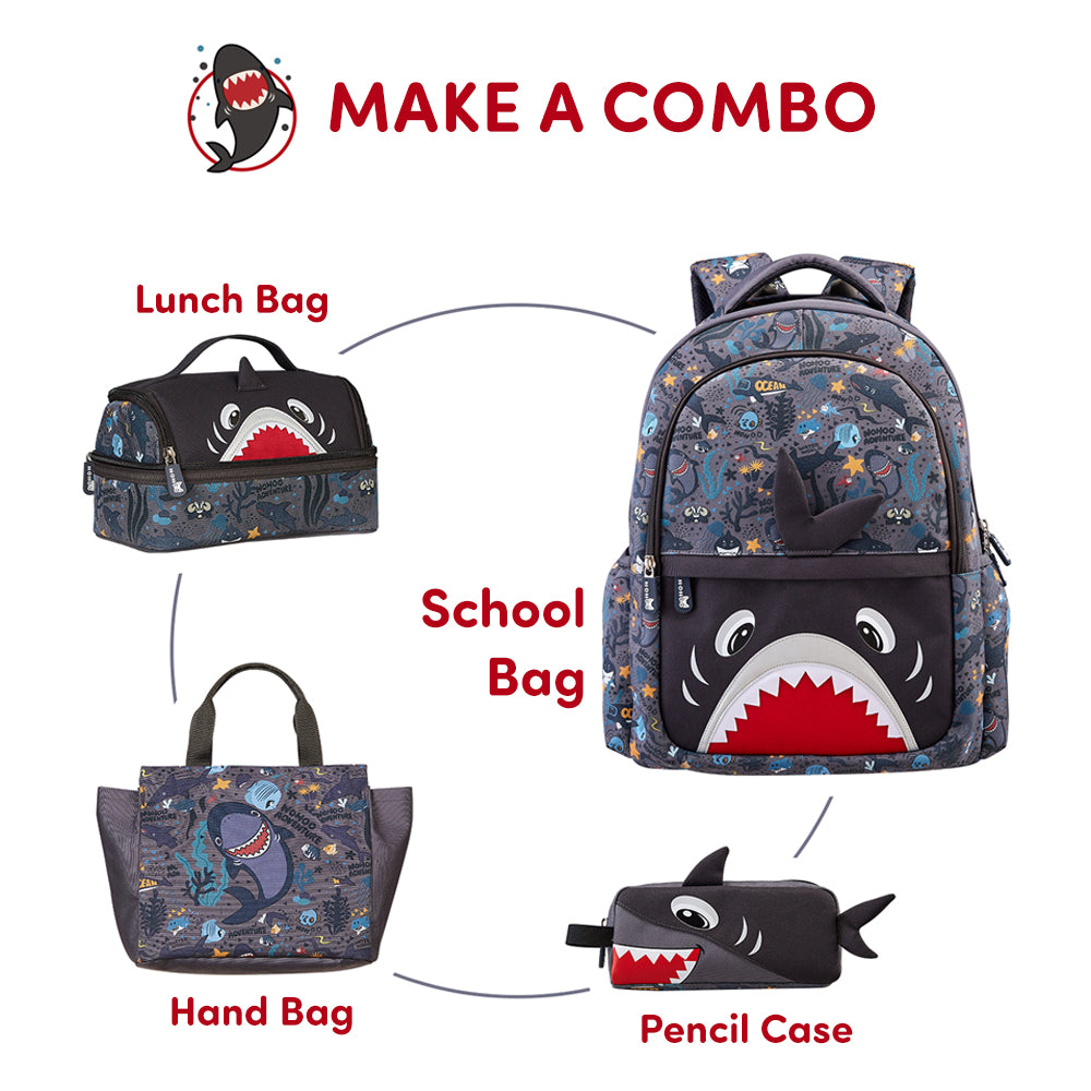 NOHOO Kids 16 Inch School Bag with Handbag Combo Shark - Grey