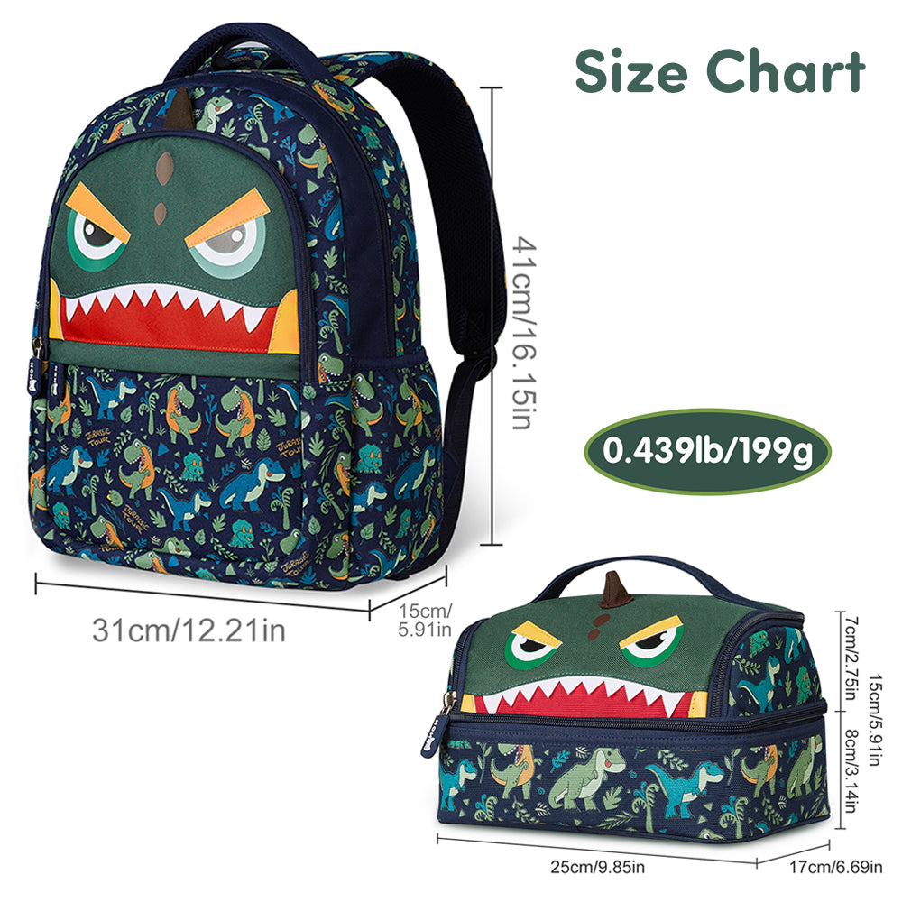 NOHOO Kids 16 Inch School Bag with Lunch Bag Combo Dino - Green