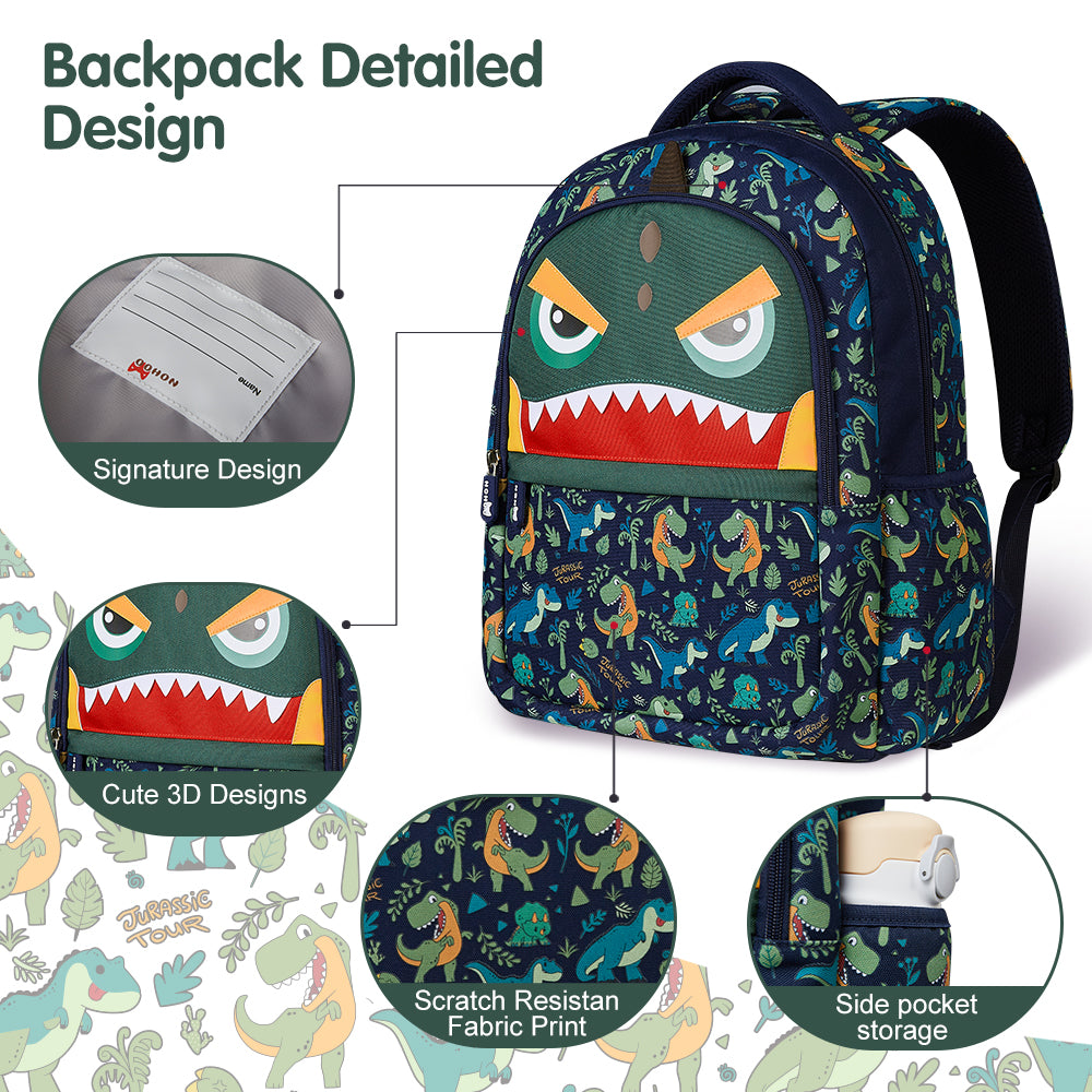 NOHOO Kids 16 Inch School Bag with Lunch Bag Combo Dino - Green