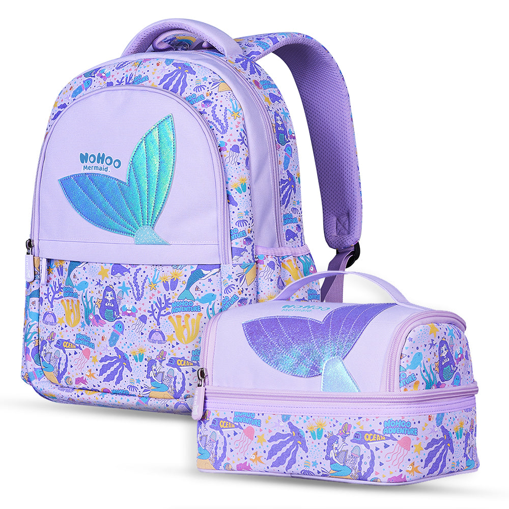 NOHOO Kids 16 Inch School Bag with Lunch Bag Combo Mermaid - Purple