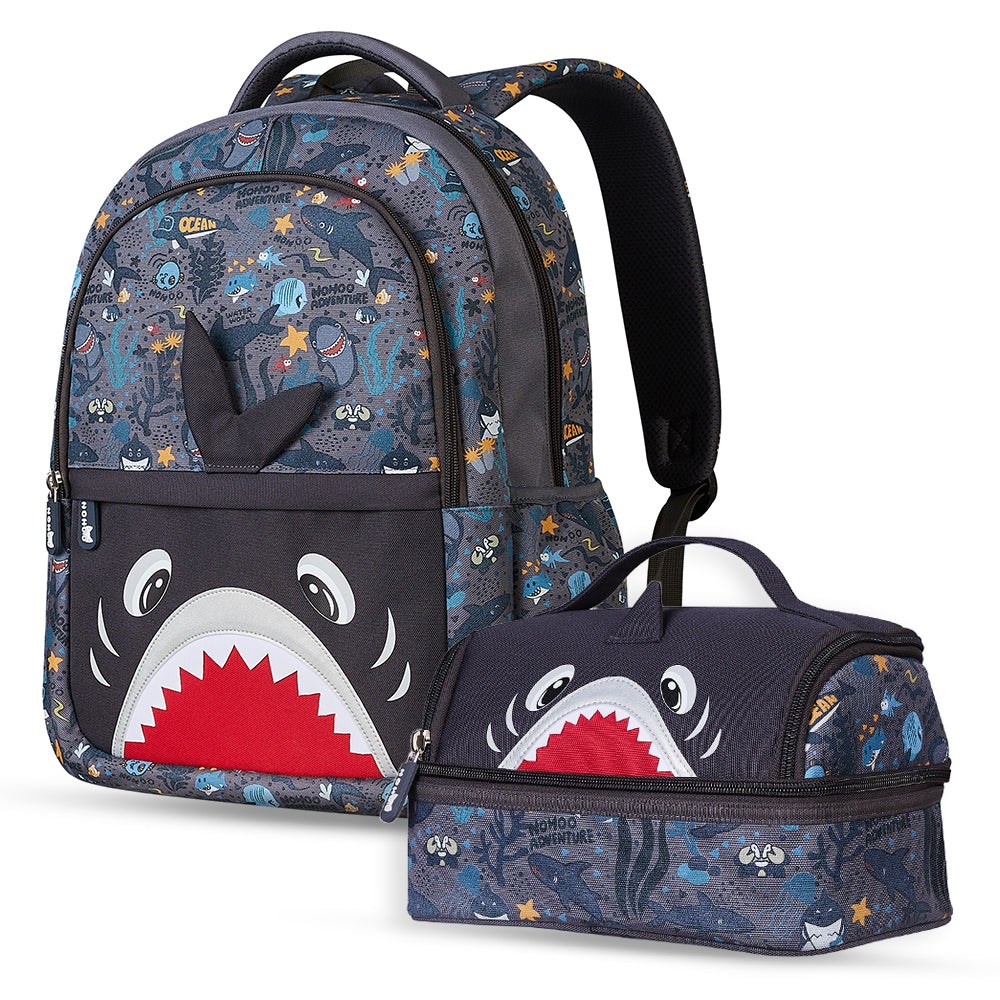 NOHOO Kids 16 Inch School Bag with Lunch Bag Combo Shark - Grey