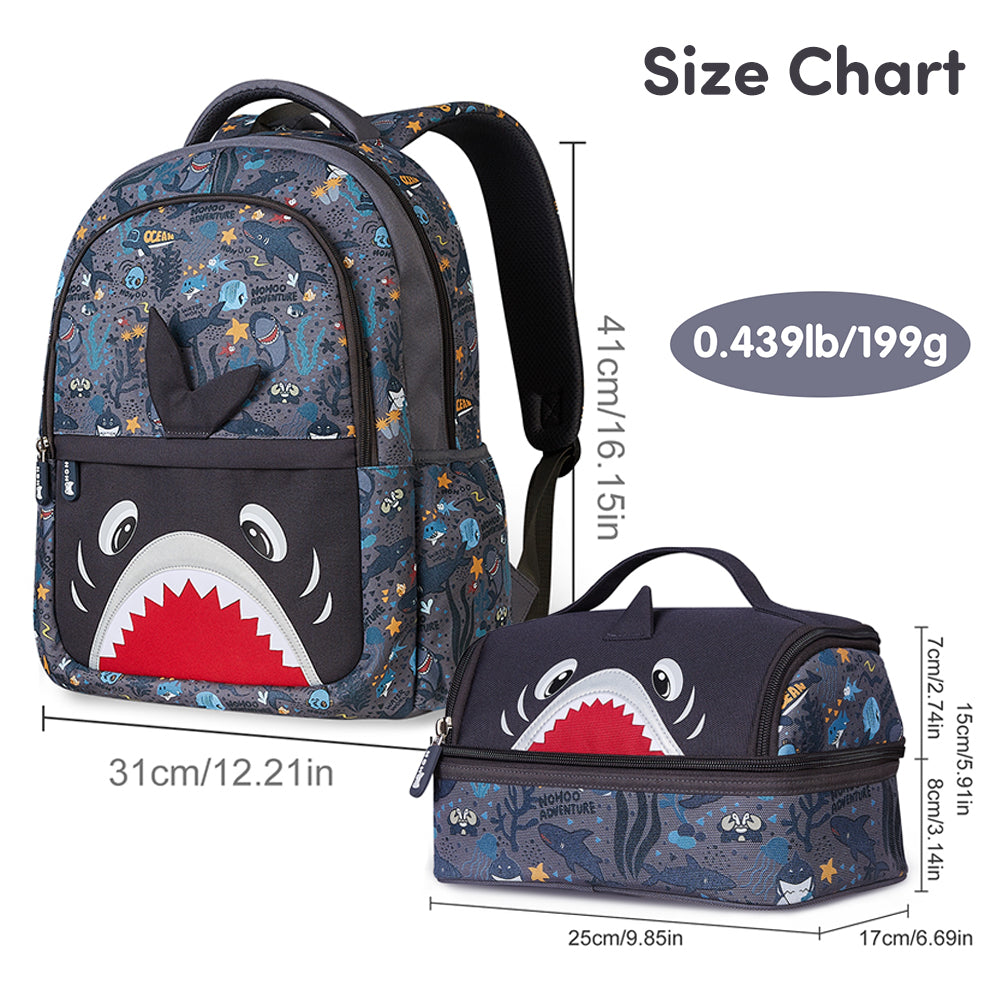 NOHOO Kids 16 Inch School Bag with Lunch Bag Combo Shark - Grey
