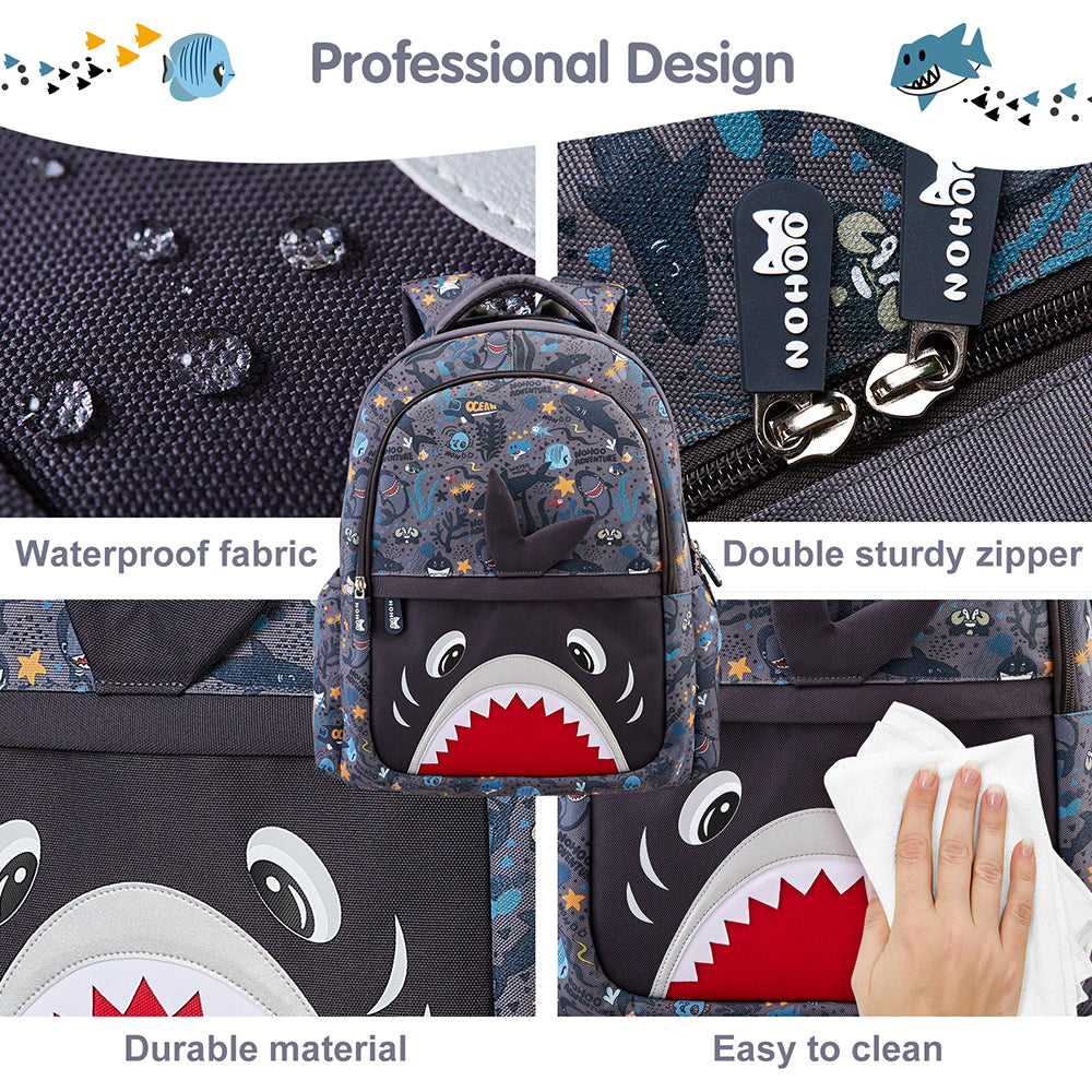 NOHOO Kids 16 Inch School Bag with Lunch Bag Combo Shark - Grey