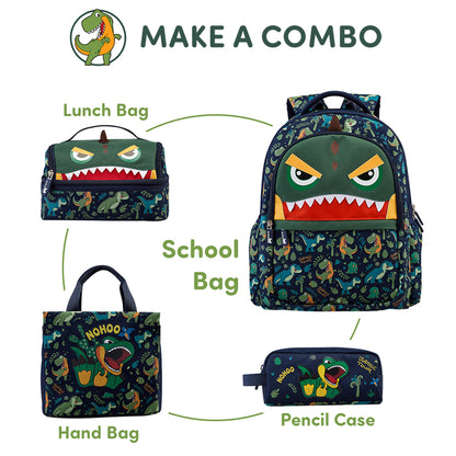 NOHOO Kids 16 Inch School Bag with Lunch Bag and Pencil Case (Set of 3) Dino - Green