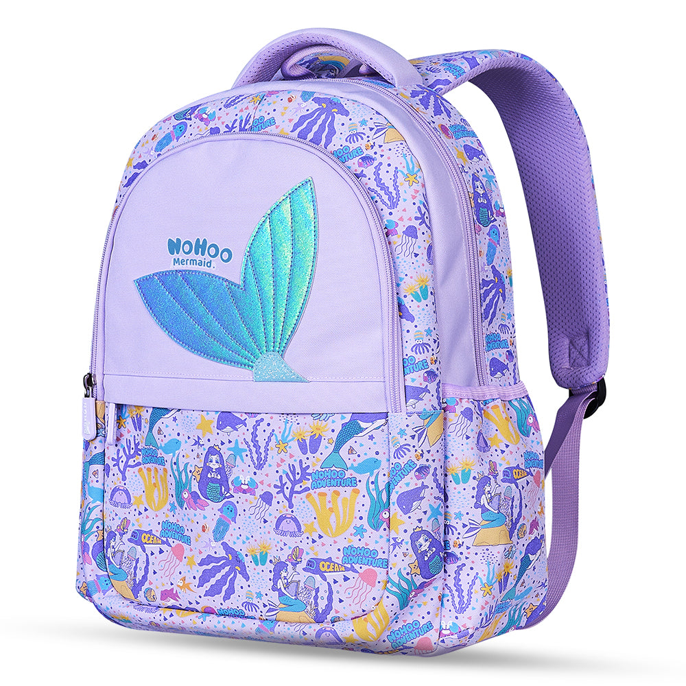 NOHOO Kids 16 Inch School Bag with Lunch Bag and Pencil Case (Set of 3) Mermaid - Purple