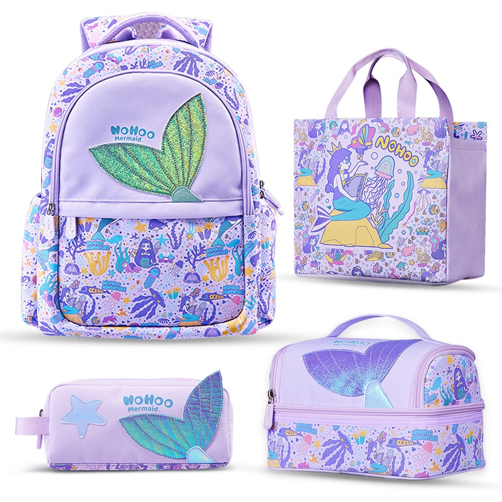 NOHOO Kids 16 Inch School Bag with Lunch Bag, Handbag and Pencil Case (Set of 4) Mermaid - Purple