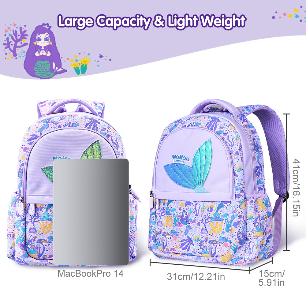 NOHOO Kids 16 Inch School Bag with Lunch Bag, Handbag and Pencil Case (Set of 4) Mermaid - Purple