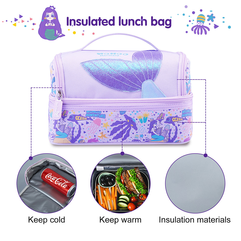 NOHOO Kids 16 Inch School Bag with Lunch Bag, Handbag and Pencil Case (Set of 4) Mermaid - Purple