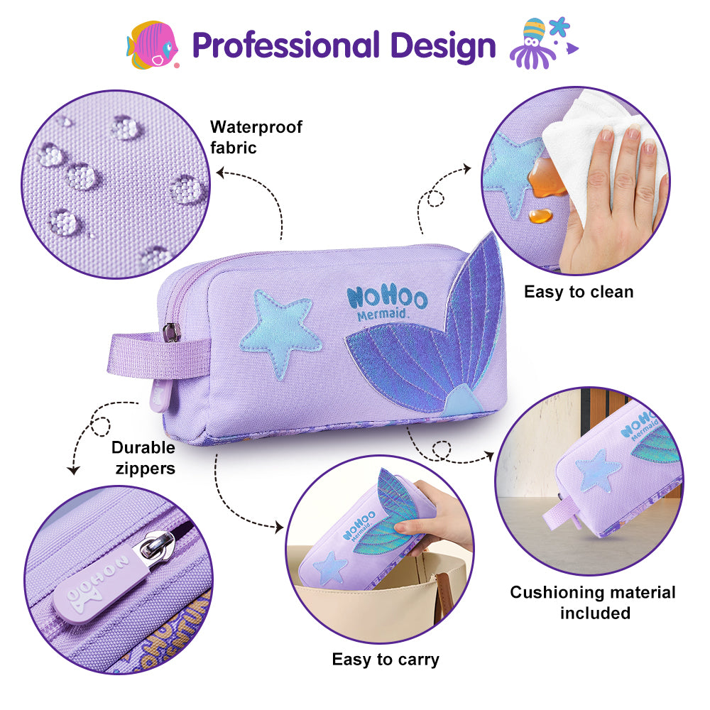 NOHOO Kids 16 Inch School Bag with Lunch Bag, Handbag and Pencil Case (Set of 4) Mermaid - Purple